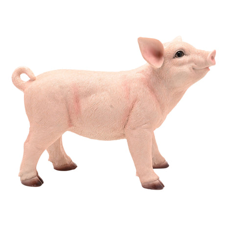 Naturecraft standing pig figurine 24.5cm, pink resin craft animal with detailed facial features, curled tail and brown hooves on white background