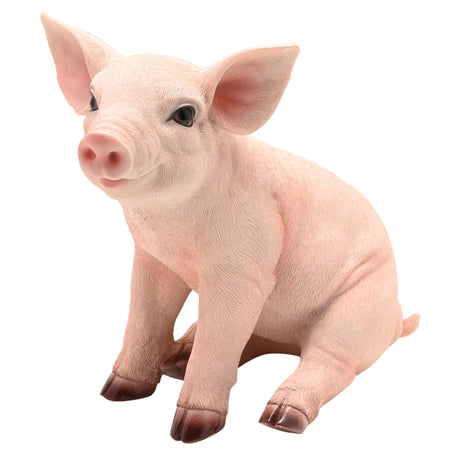 Naturecraft sitting pig figurine, 23.5cm, realistic resin sculpture with light pink body, darker brown hooves and snout, detailed facial features and fur texture, isolated on white background