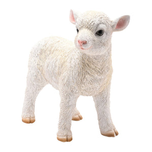 Naturecraft Standing Lamb 29cm NC1333 - white textured resin lamb figurine with pink inner ears, black eyes, pink nose, and tan hooves, isolated on white background