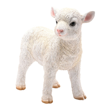 Naturecraft Standing Lamb 29cm NC1333 - white textured resin lamb figurine with pink inner ears, black eyes, pink nose, and tan hooves, isolated on white background