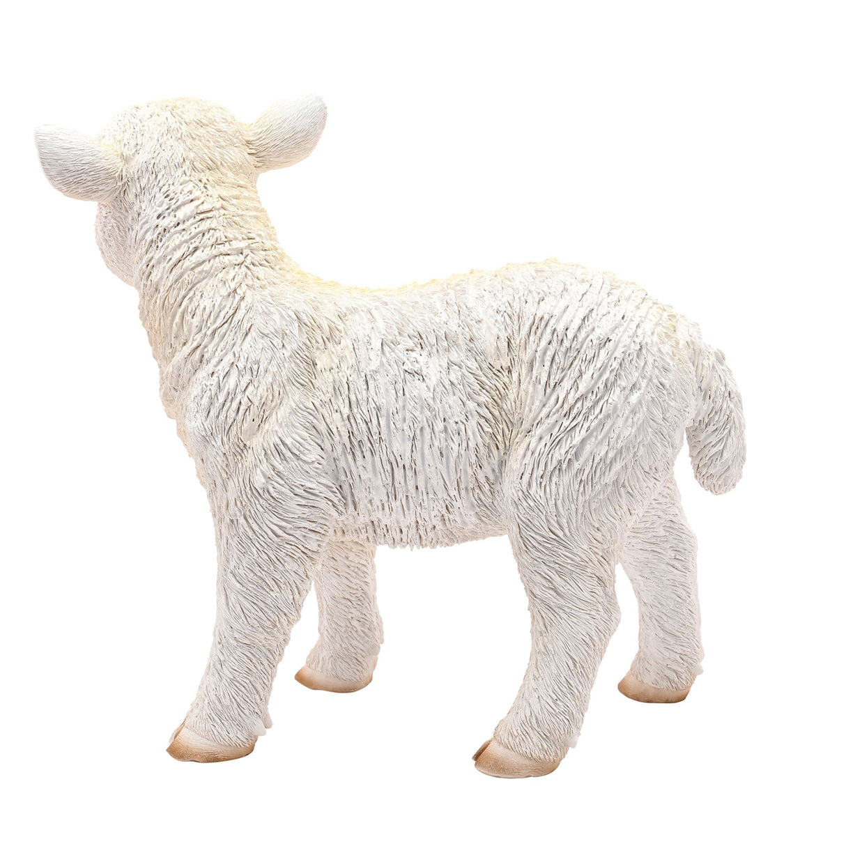 White textured standing lamb figurine with cream and tan hooves, 29cm Naturecraft statue on white background