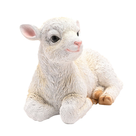 White fluffy sitting lamb figurine with pink nose and ears, brown hooves, detailed craft sculpture approximately 19cm tall