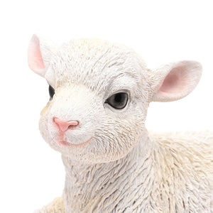 White sitting lamb figurine with pink inner ears and nose, detailed wool texture, realistic animal sculpture approximately 19cm tall