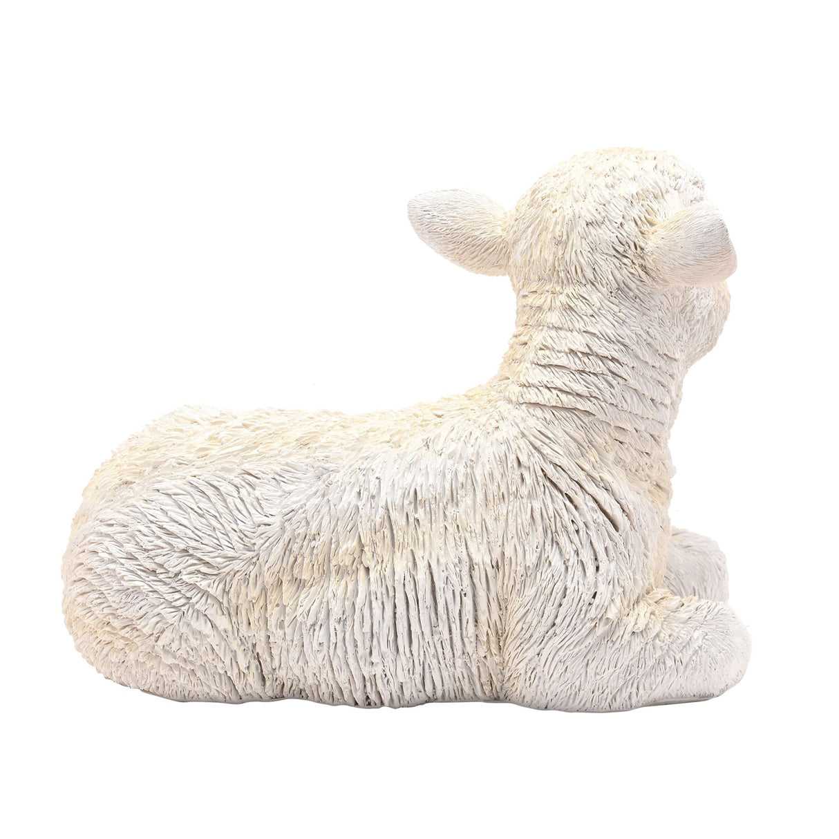 Naturecraft sitting lamb figurine in cream white resin with detailed textured fleece, 19cm height, shown in profile against white background