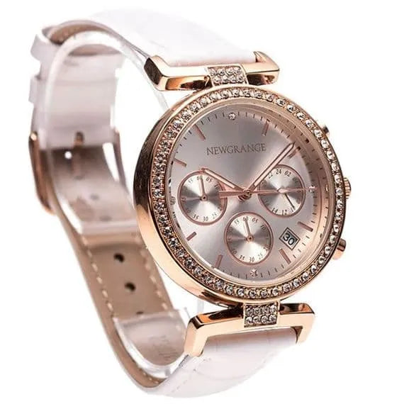 Rose gold chronograph watch with white leather strap, crystal-embellished bezel, silver dial and three subdials by Newgrange Living
