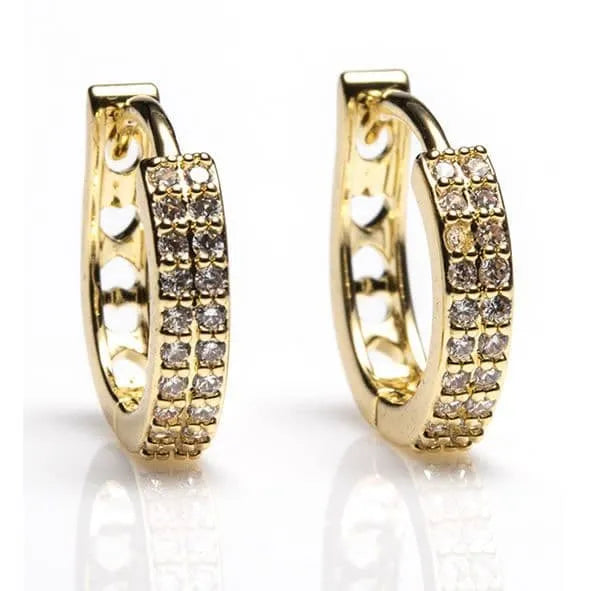Gold hoop earrings with diamond accents in two-row design, featuring polished yellow gold band and sparkling gemstone details, displayed as a pair against white background