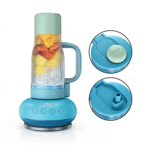 Ninja BlendBOSS Tumbler Blender in blue with mango and pineapple smoothie, showing control buttons on base and two detachable lid attachments including drinking spout and blending mechanism