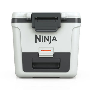 Ninja FrostVault 28 litre wheeled cooler box in cloud white and charcoal grey with black carry handle and front access compartment