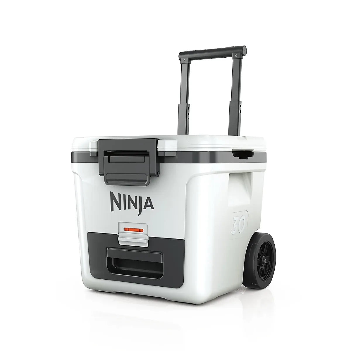 Ninja FrostVault 28 litre wheeled cooler in cloud white with dark grey accents, featuring retractable handle, wheels, and dry zone compartment