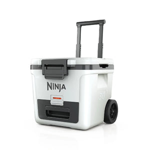 Ninja FrostVault 28 litre wheeled cooler in cloud white with dark grey accents, featuring retractable handle, wheels, and dry zone compartment