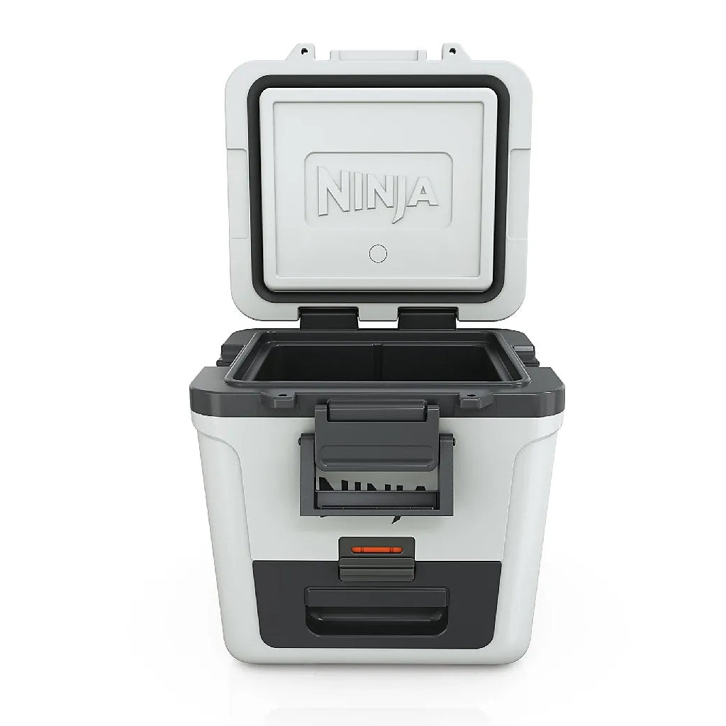 Ninja FrostVault 28 litre wheeled cooler box in cloud white and black with open lid showing grey interior storage compartments and dry zone section