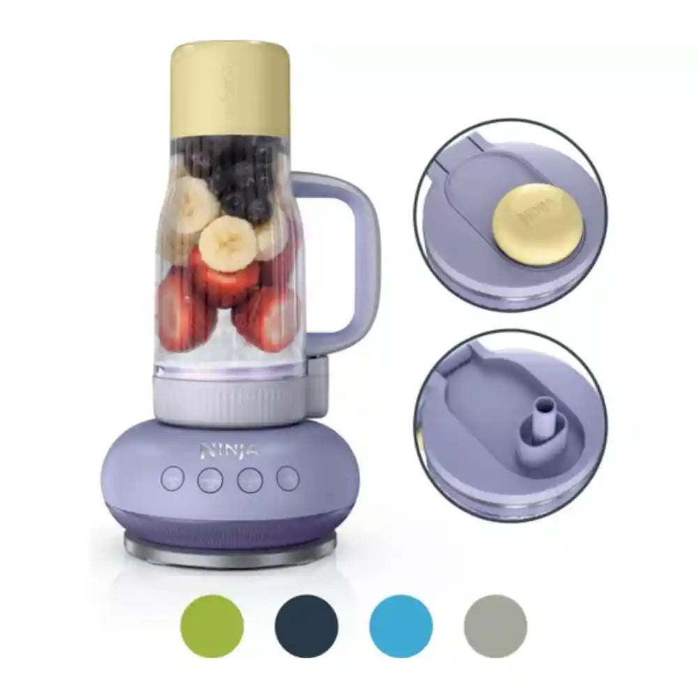 Purple portable blender with fruit inside, showing close-ups of the lid and base, with color options displayed.