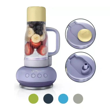 Purple portable blender with fruit inside, showing close-ups of the lid and base, with color options displayed.