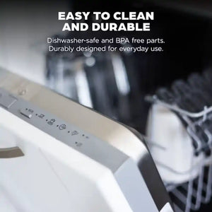 Ninja BlendBOSS Tumbler Blender in Cyberspace black shown in a dishwasher with text highlighting dishwasher-safe and BPA-free durable design for everyday use