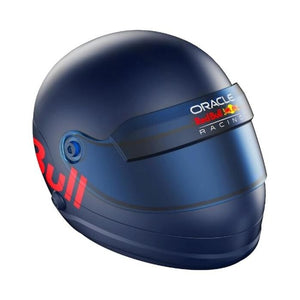 Red Bull Racing F1 helmet-shaped blue true wireless earbuds with noise cancellation, featuring Oracle Red Bull Racing branding and red accents on dark navy shell design