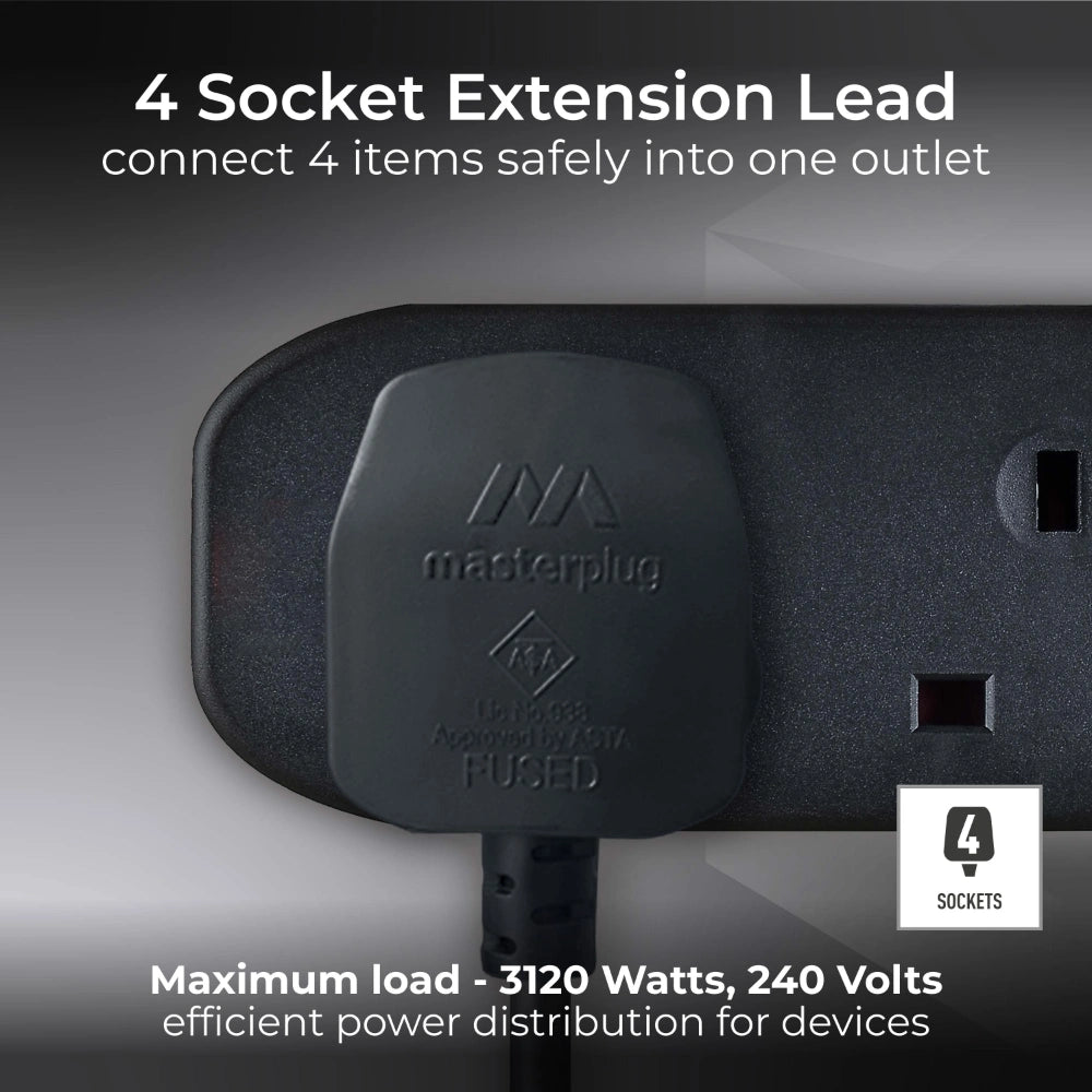 Masterplug 4 Gang 2 Metre Extension Lead - Black | BFG210NB-MP