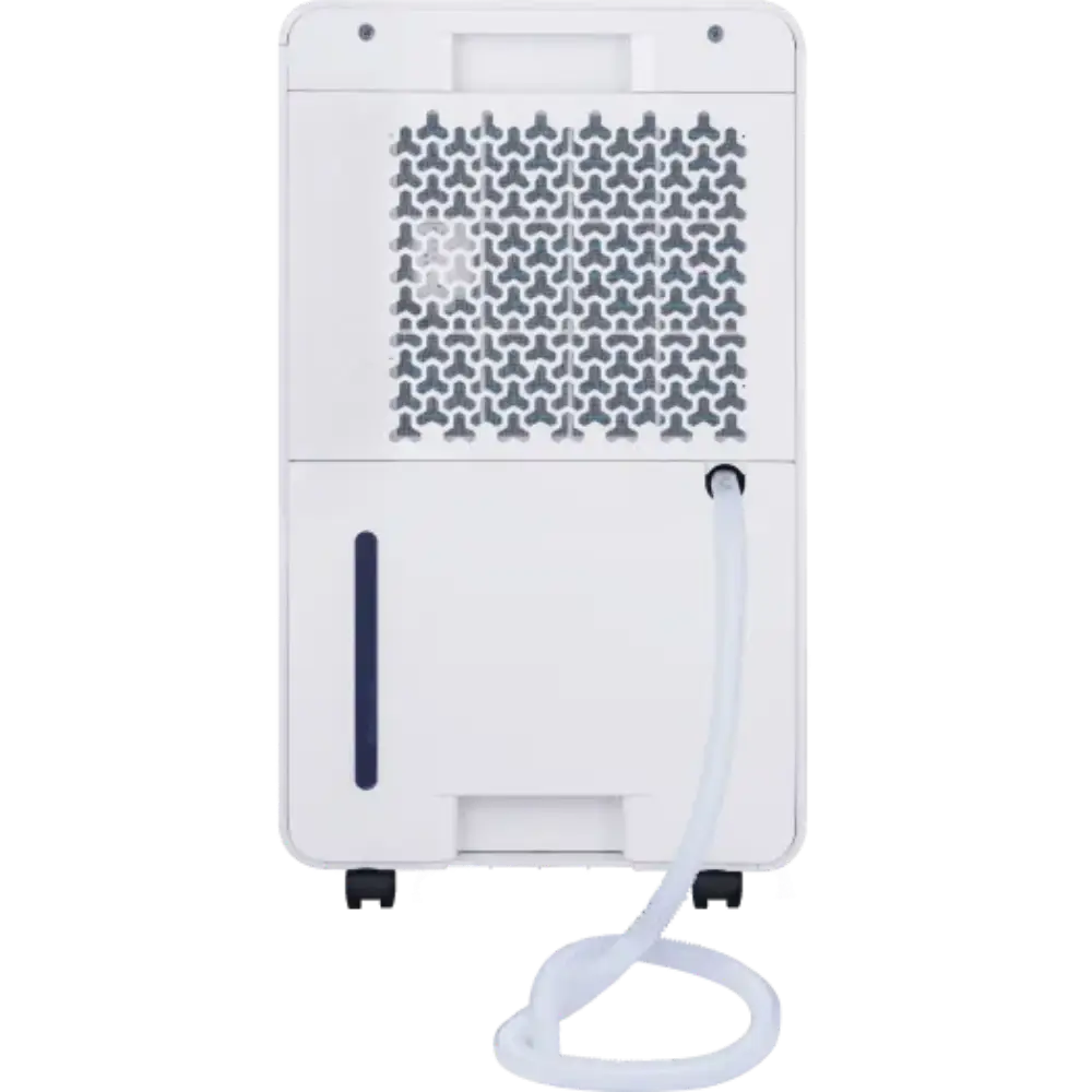 White Masterplug Puredry SmartEnergy 3-in-1 dehumidifier air purifier and ioniser with perforated ventilation panel, water collection tank indicator window and drainage hose attachment, front view on white background