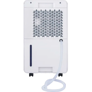 White Masterplug Puredry SmartEnergy 3-in-1 dehumidifier air purifier and ioniser with perforated ventilation panel, water collection tank indicator window and drainage hose attachment, front view on white background