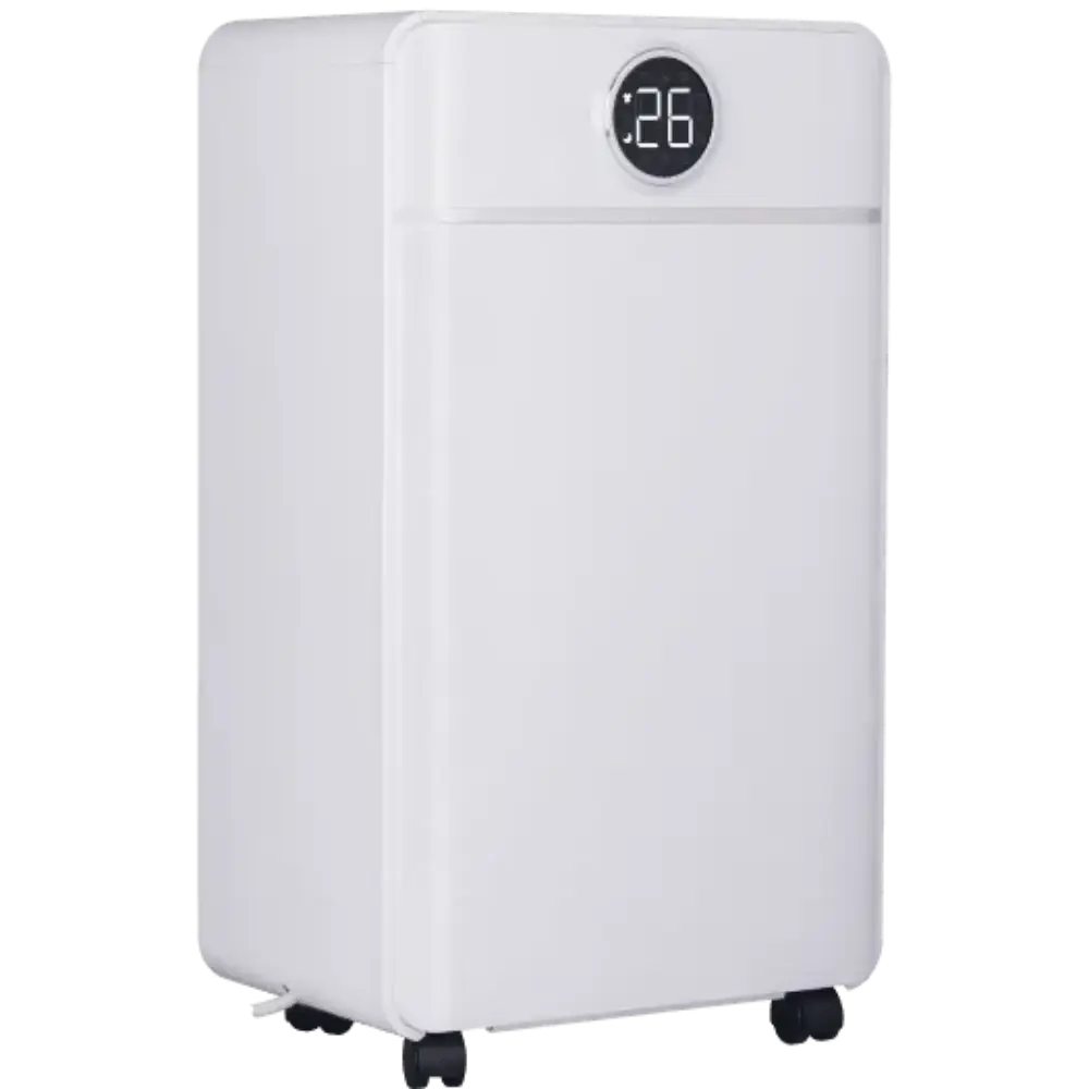 White Masterplug Puredry SmartEnergy 3-in-1 dehumidifier with digital display showing 26 degrees, featuring air purifier and ioniser functions, 12 litre capacity, standing on black caster wheels