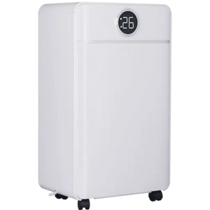White Masterplug Puredry SmartEnergy 3-in-1 dehumidifier with digital display showing 26 degrees, featuring air purifier and ioniser functions, 12 litre capacity, standing on black caster wheels