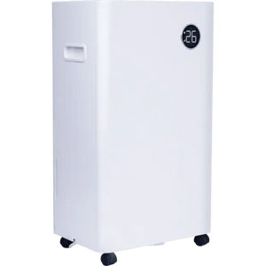 White Masterplug Puredry SmartEnergy 3-in-1 dehumidifier air purifier and ioniser with digital display showing 26 degrees, featuring caster wheels and control panel on front