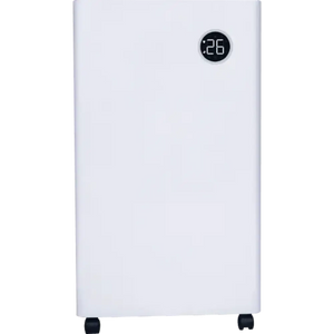 White Masterplug Puredry SmartEnergy 3-in-1 dehumidifier with digital display showing 26, featuring air purifier and ioniser functions, standing on black caster wheels