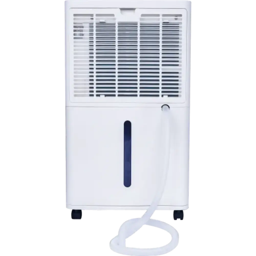 White Masterplug Puredry SmartEnergy 3-in-1 dehumidifier with horizontal louvered vents at top, dark blue water level indicator strip on front panel, black caster wheels at base, and white drainage hose attached to lower right side