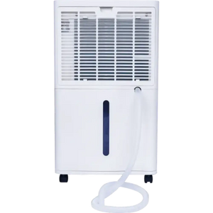 White Masterplug Puredry SmartEnergy 3-in-1 dehumidifier with horizontal louvered vents at top, dark blue water level indicator strip on front panel, black caster wheels at base, and white drainage hose attached to lower right side