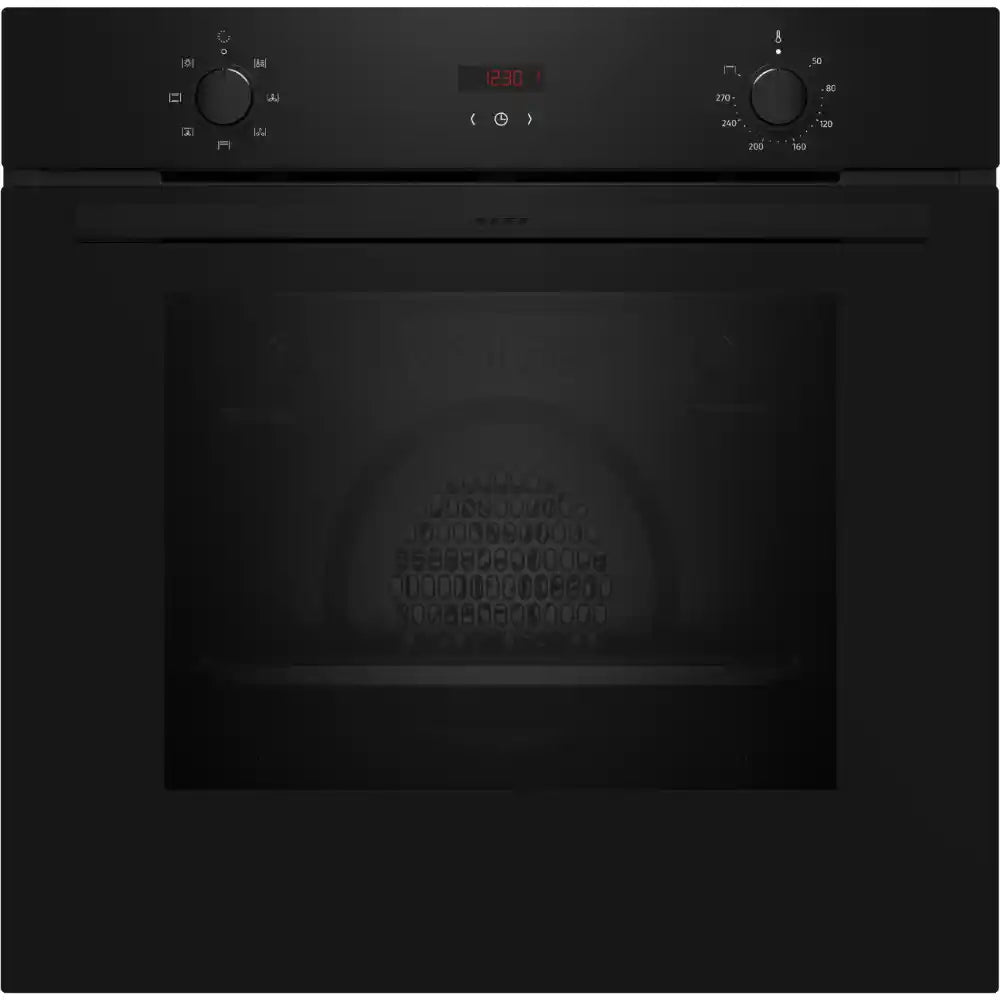 Neff N30 built-in electric single oven in black with CircoTherm technology, featuring digital display showing 1230 temperature, rotary controls on control panel, and closed oven door with interior visible