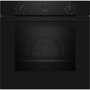 Neff N30 built-in electric single oven in black with CircoTherm technology, featuring digital display showing 1230 temperature, rotary controls on control panel, and closed oven door with interior visible
