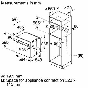 Neff N30 built-in electric single oven technical specification diagram showing measurements in millimetres for installation, with black finish unit displayed in isometric view including depth, width and height dimensions, and appliance connection space details