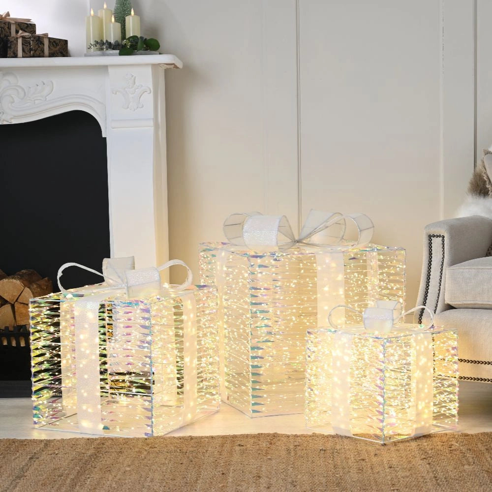 Festive LED Lit Large Iridescent Parcels - Set of 3