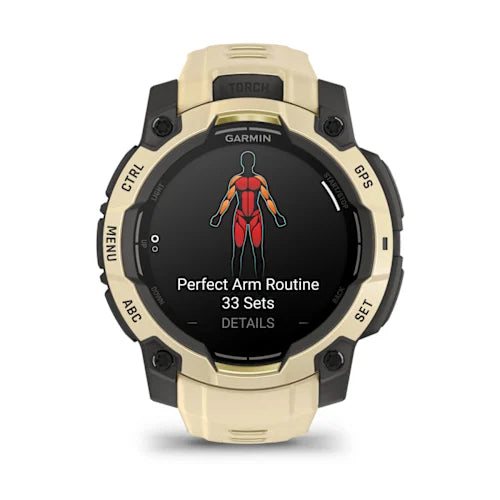 Garmin Instinct 3 smartwatch with 45mm AMOLED display in citrine yellow and black, showing fitness workout interface with arm routine exercise on screen