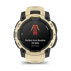 Garmin Instinct 3 smartwatch with 45mm AMOLED display in citrine yellow and black, showing fitness workout interface with arm routine exercise on screen