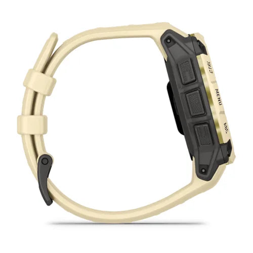 Garmin Instinct 3 smartwatch with 45mm AMOLED display in citrine yellow and black, shown from side angle displaying rugged design with silicone band and digital interface