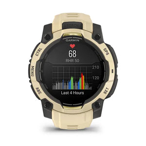 Garmin Instinct 3 45mm AMOLED smartwatch with citrine yellow bezel and black band displaying heart rate monitor graph showing 68 BPH and last 4 hours data
