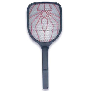 Dark blue electric fly swatter racket with pink mesh netting and handle grip for pest control