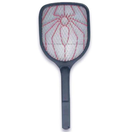 Dark blue electric fly swatter racket with pink mesh netting and handle grip for pest control