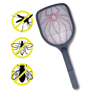 Electric fly swatter racket with dark blue handle and mesh head displaying red grid pattern, shown with three yellow prohibition symbols depicting a mosquito, fly, and wasp crossed out