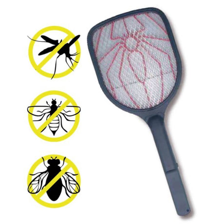 Electric fly swatter racket with dark blue handle and mesh head displaying red grid pattern, shown with three yellow prohibition symbols depicting a mosquito, fly, and wasp crossed out