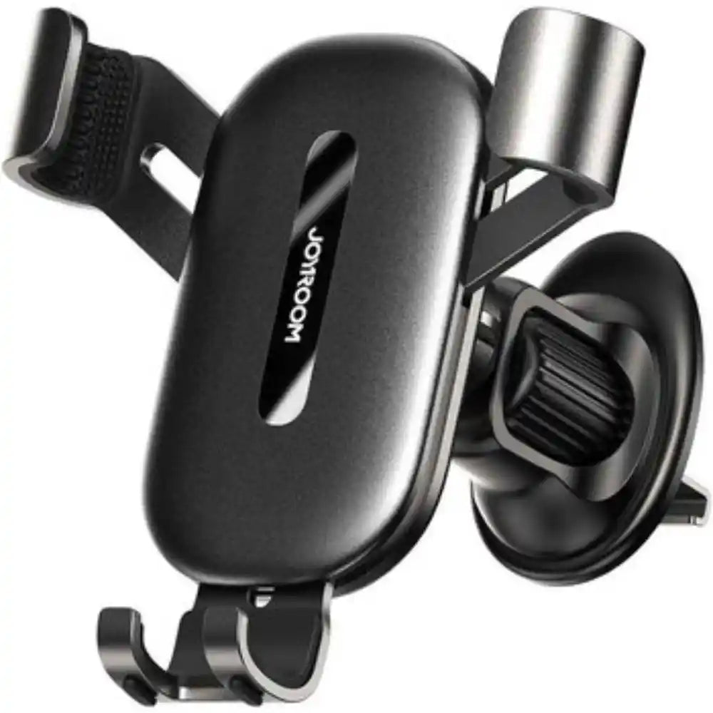 Joyroom universal phone car holder in black with silver metal arms and suction cup mount, featuring adjustable grips for secure smartphone positioning