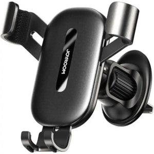 Joyroom universal phone car holder in black with silver metal arms and suction cup mount, featuring adjustable grips for secure smartphone positioning