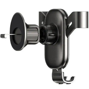 Black universal car phone holder with adjustable gripper arms and air vent mount clip, featuring metal construction and rotating mechanism for dashboard or windshield installation