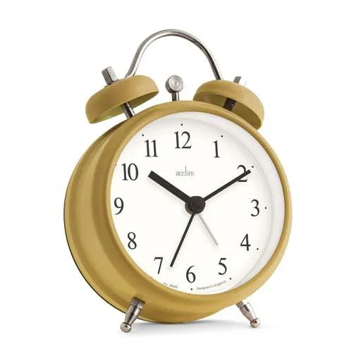 Acctim Haven bell alarm clock with curry powder gold metal case, white dial, black hands, twin bells on top and chrome handle, 12cm diameter