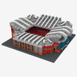 Model of a stadium made from interlocking bricks on a white background