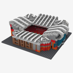Model of a stadium made from interlocking bricks on a white background