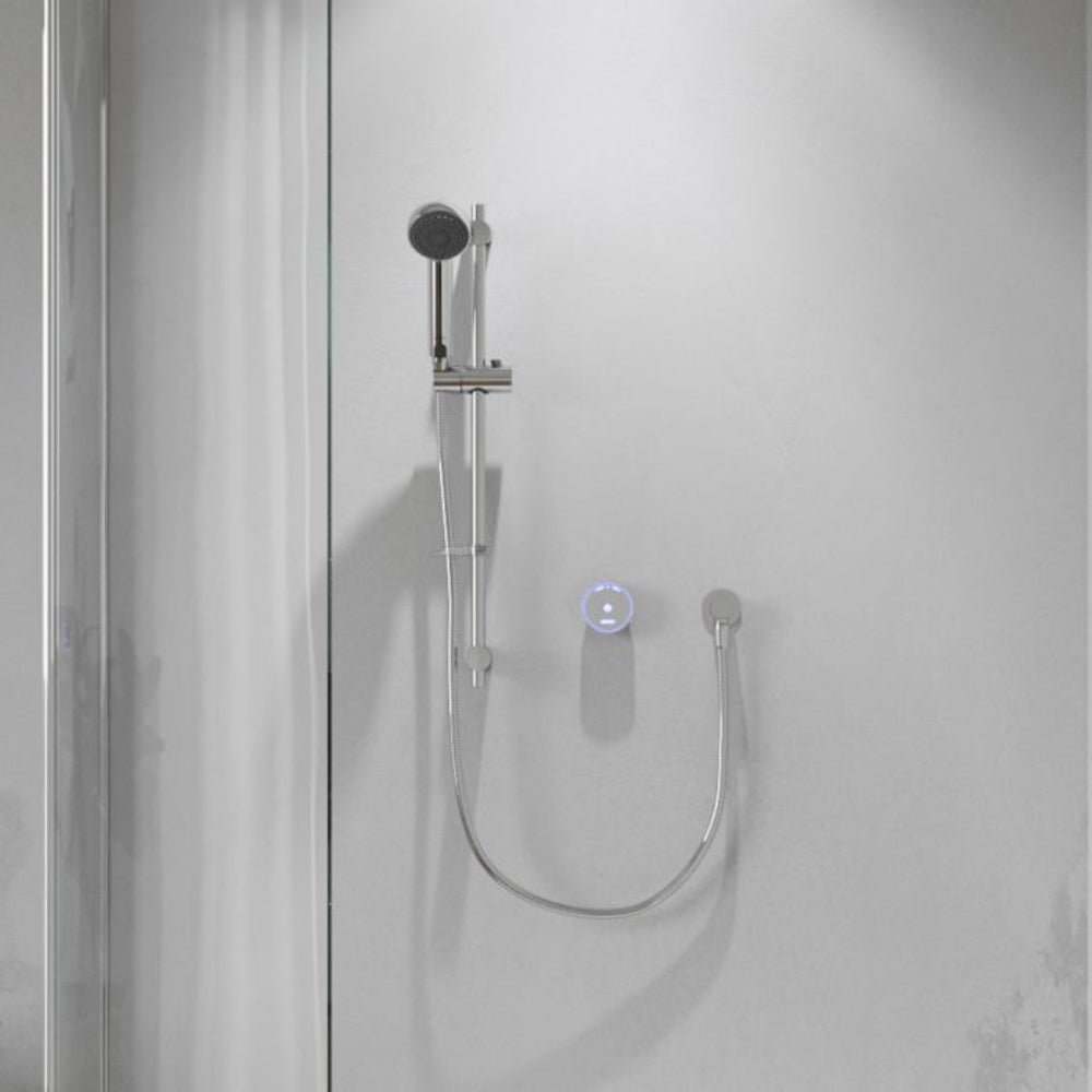 Aqualisa Quartz Blue Smart Digital Shower System with round showerhead, slide rail bar, handheld unit, and digital control panel mounted on white tiled bathroom wall