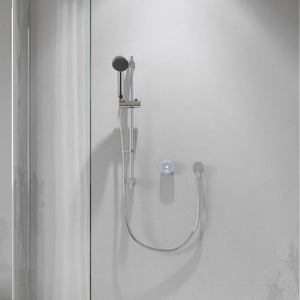 Aqualisa Quartz Blue Smart Digital Shower System with round showerhead, slide rail bar, handheld unit, and digital control panel mounted on white tiled bathroom wall
