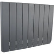 Wall mounted grey oil filled radiator with 8 vertical heating panels and white vents, 1500w Masterplug SmartEnergy model shown at an angle against white background