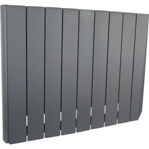 Wall mounted grey oil filled radiator with 8 vertical heating panels and white vents, 1500w Masterplug SmartEnergy model shown at an angle against white background